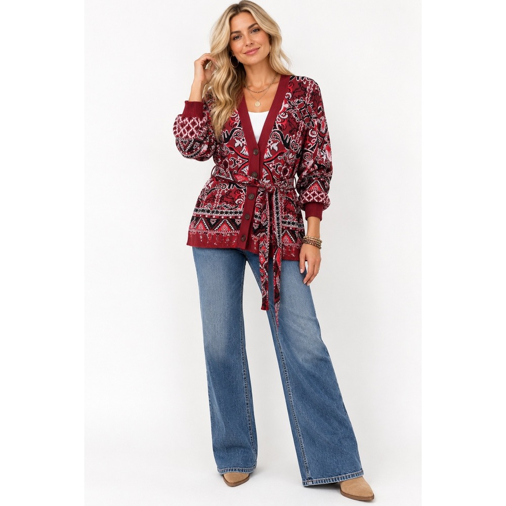 Chelsea & Violet Cardigan Sweater Medium Burgundy Paisley Belted Knit V-Neck